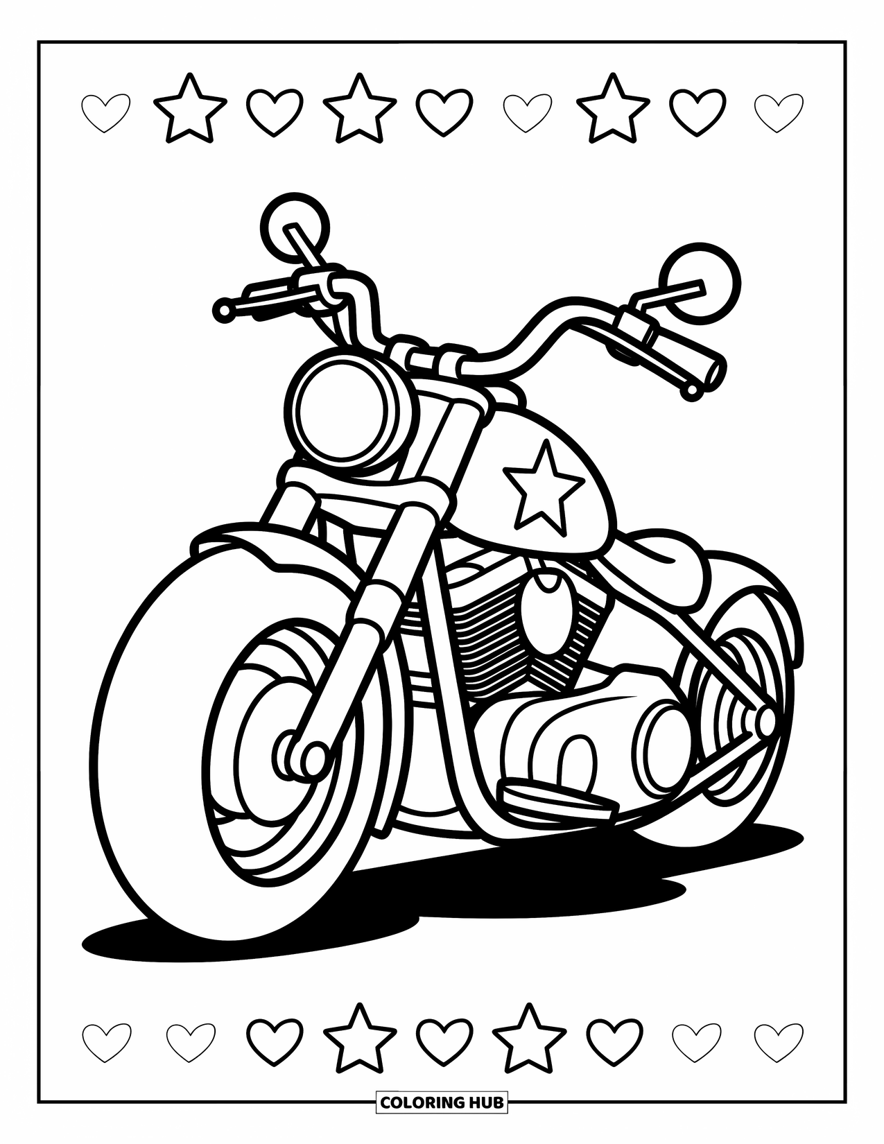 Motor Kleurplaat voor Kinderen: Een speelse motorfiets met een sterontwerp toont vriendelijke vormen en lachend stuur