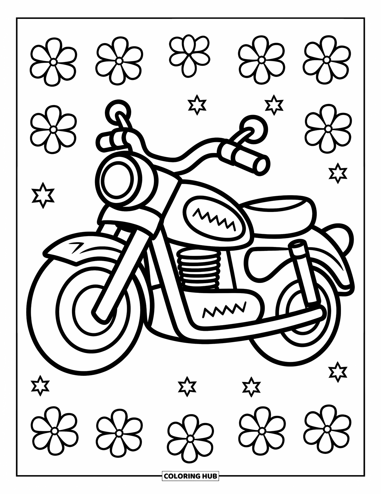 Motor Kleurplaat voor Kinderen: Een speelse motorfiets met zigzaglijnen staat tussen bloemen en sterren