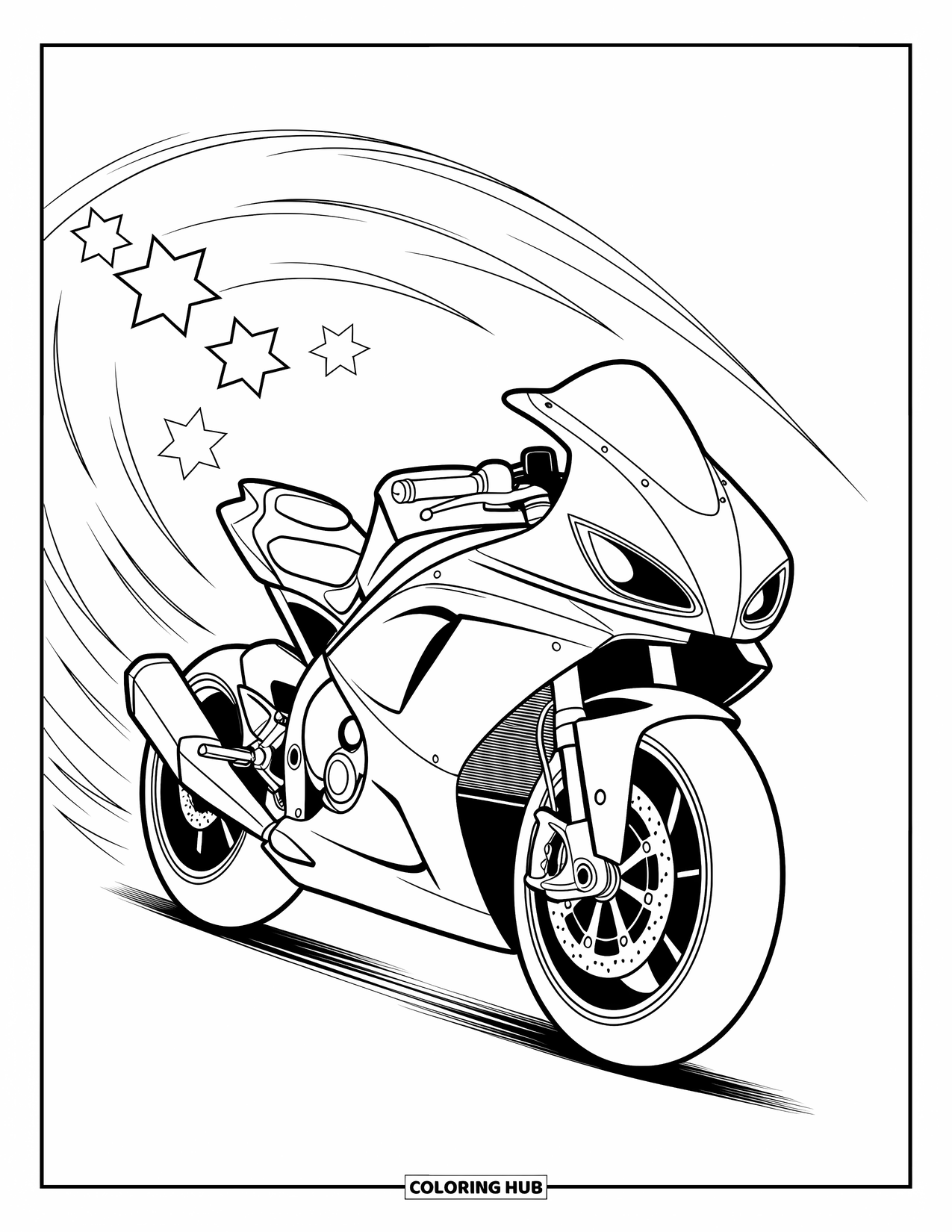 Motor Kleurplaat voor Kinderen: Een krachtige motorfiets is omgeven door wervelende snelheidslijnen en speelse sterren
