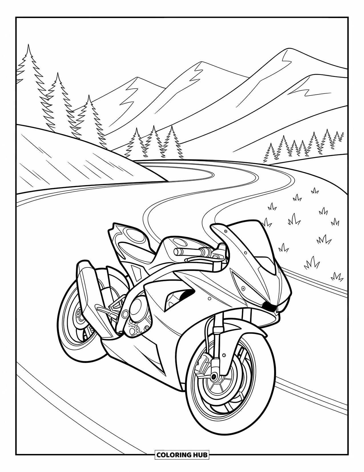 Motor Kleurplaat voor Kinderen: Een racemotorfiets glijdt over een kronkelende bergweg met hoge bomen in de buurt