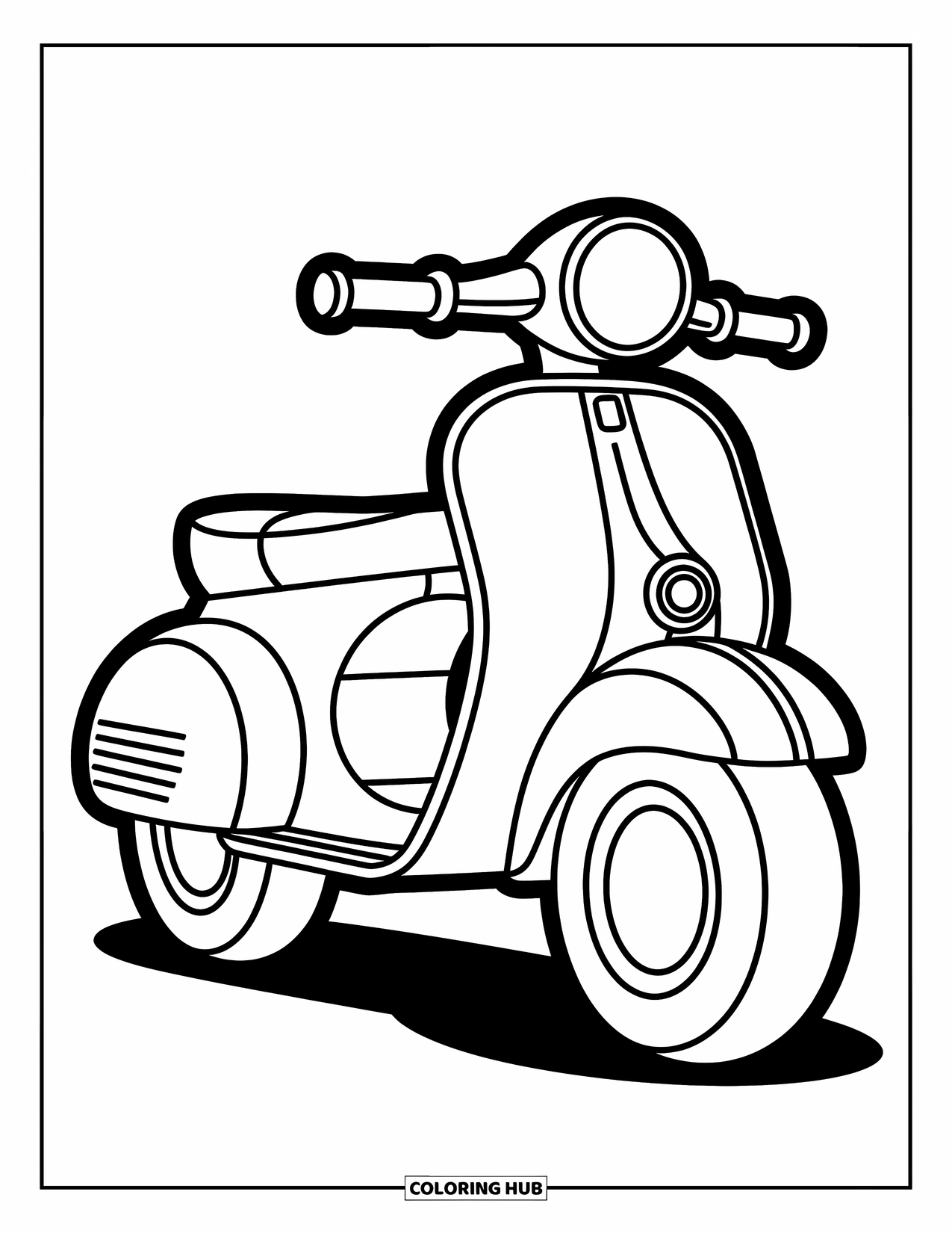 Motor Kleurplaat voor Kinderen: Een scooter motorfiets met grote banden en gladde rondingen nodigt uit tot creatief plezier