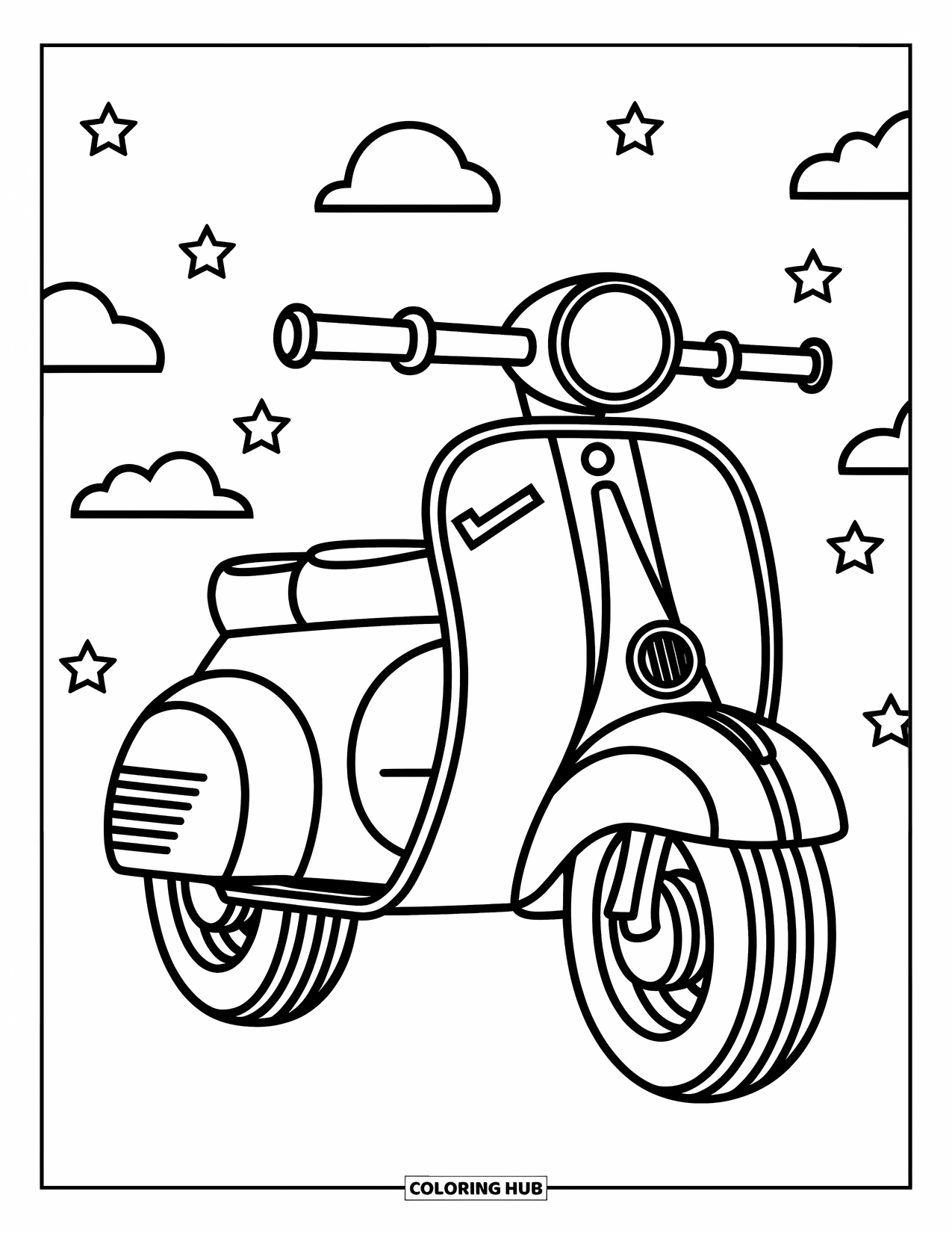 Motor Kleurplaat voor Kinderen: Een scooter motorfiets met brede lijnen en sterren eromheen brengt een vrolijk, speels gevoel