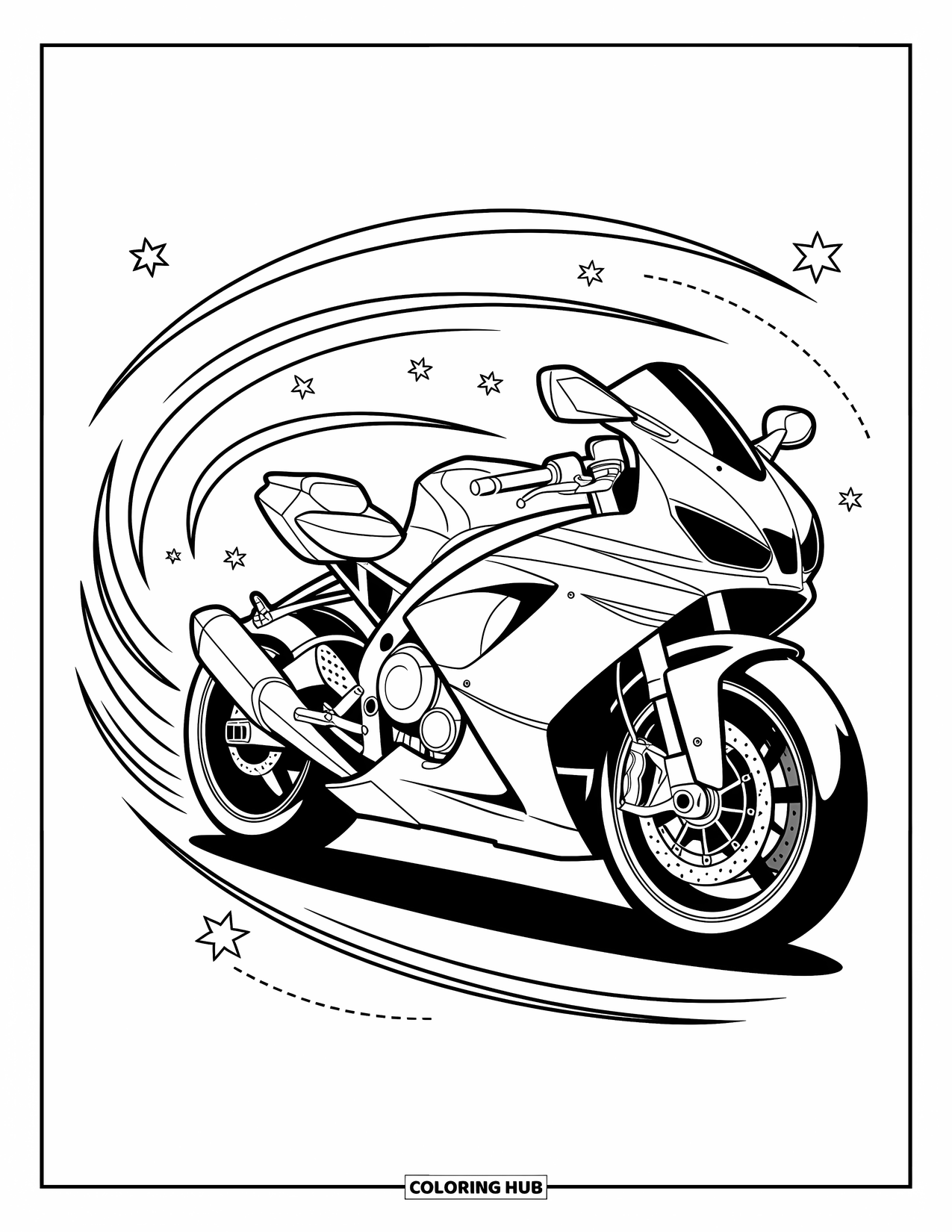 Motor Kleurplaat voor Kinderen: Een scherpe motor met wervelende snelheidslijnen en sterren die beweging en opwinding creëren