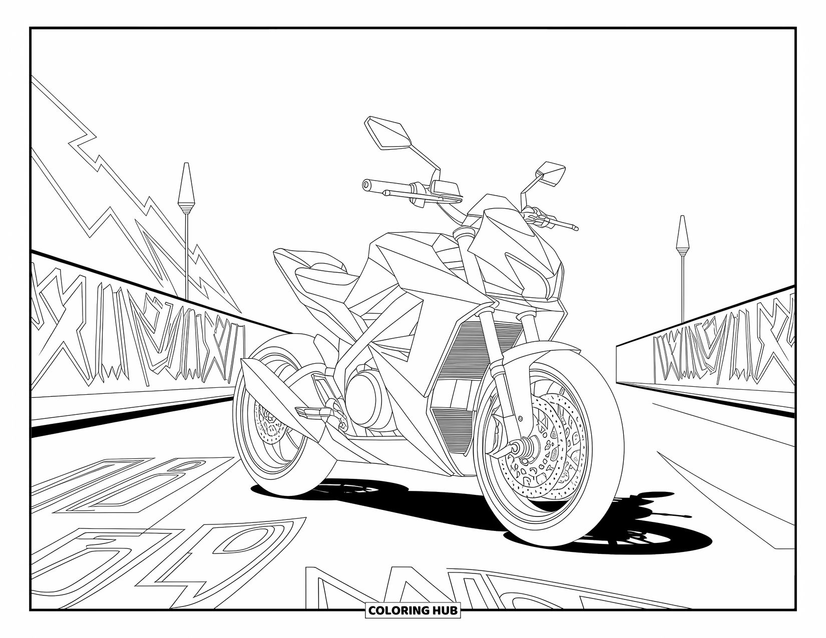 Motor Kleurplaat voor Kinderen: Een scherpe straatmotor staat tegen graffiti-achtige wegmarkeringen en stedelijke ontwerpen