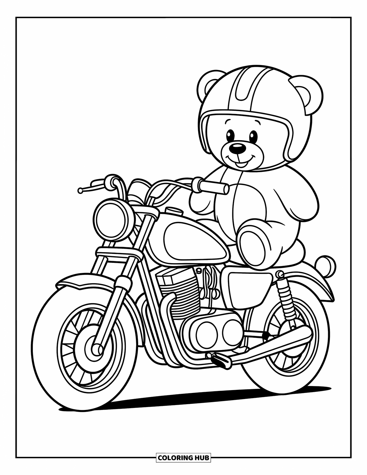 Motor Kleurplaat voor Kinderen: Een glimmende motorfiets heeft een pluizige teddybeer met een helm op de zitting