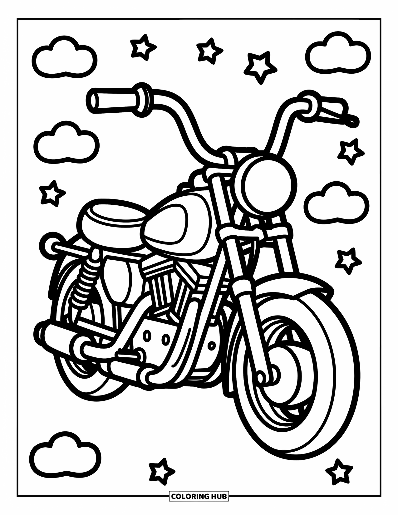 Motor Kleurplaat voor Kinderen: Een motorfiets in zijaanzicht met een groot stuur en een grote koplamp