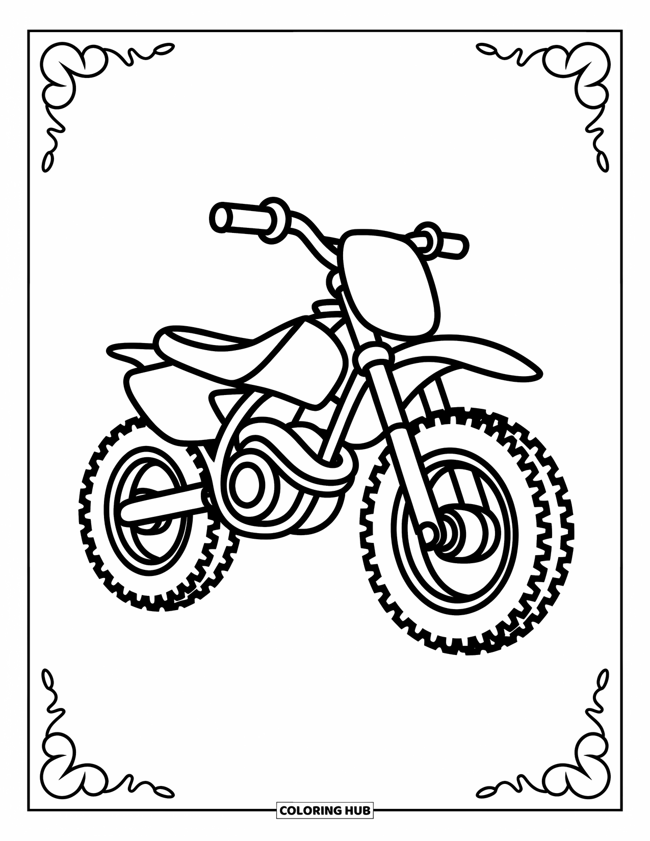 Motor Kleurplaat voor Kinderen: Een eenvoudige crossmotor met grote banden, weergegeven in een stijl met strakke, gedurfde lijnen op een witte achtergrond