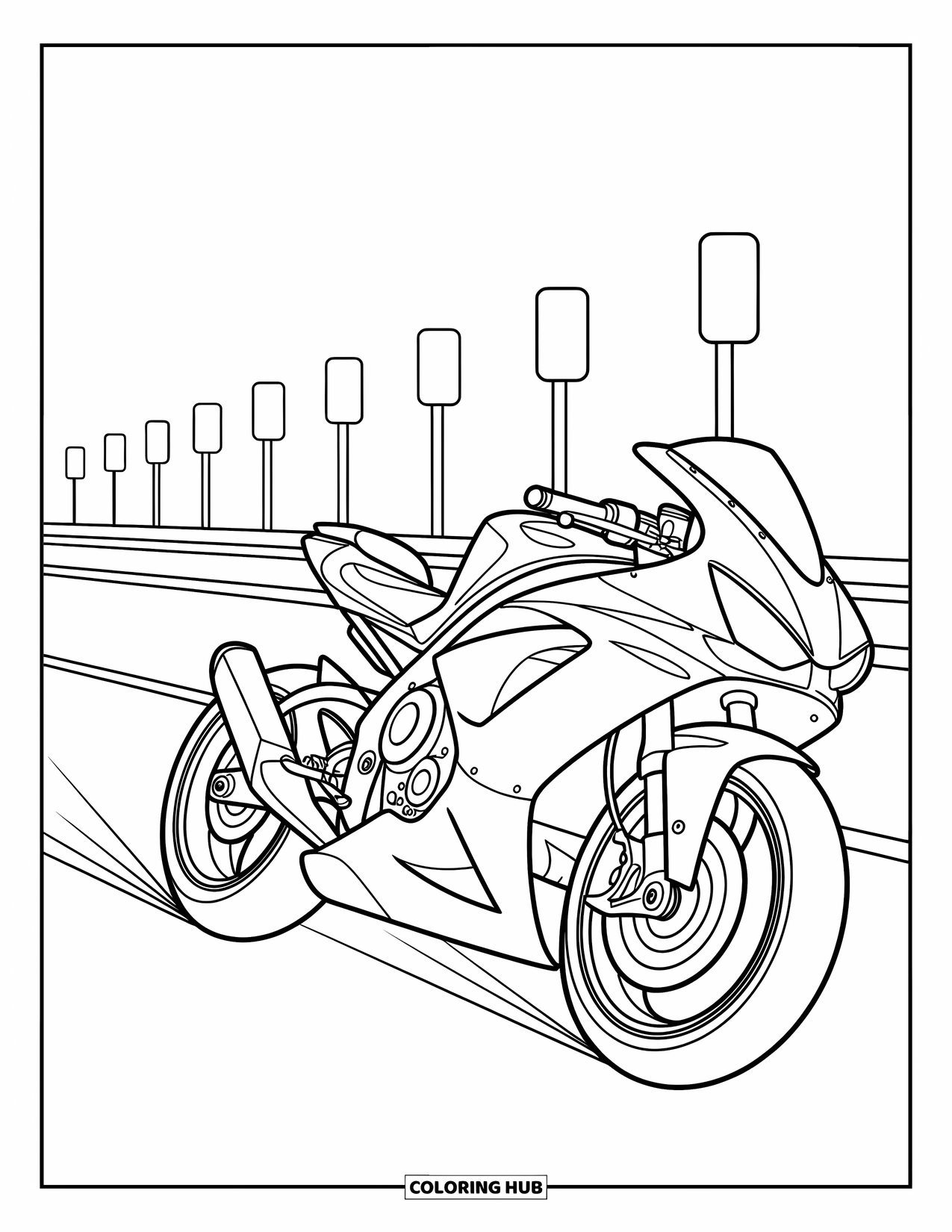 Motor Kleurplaat voor Kinderen: Een strakke motor racet over een snelweg, omgeven door brede wegbochten en mijlpalen