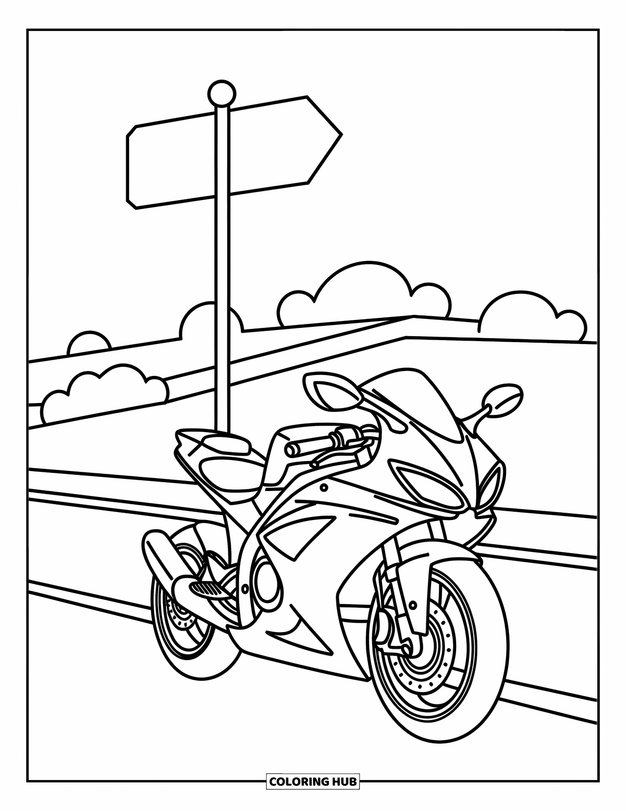 Motor Kleurplaat voor Kinderen: Een strakke, zwarte motorfiets staat geparkeerd op een weg, de strakke, gedurfde lijnen steken af tegen een witte achtergrond