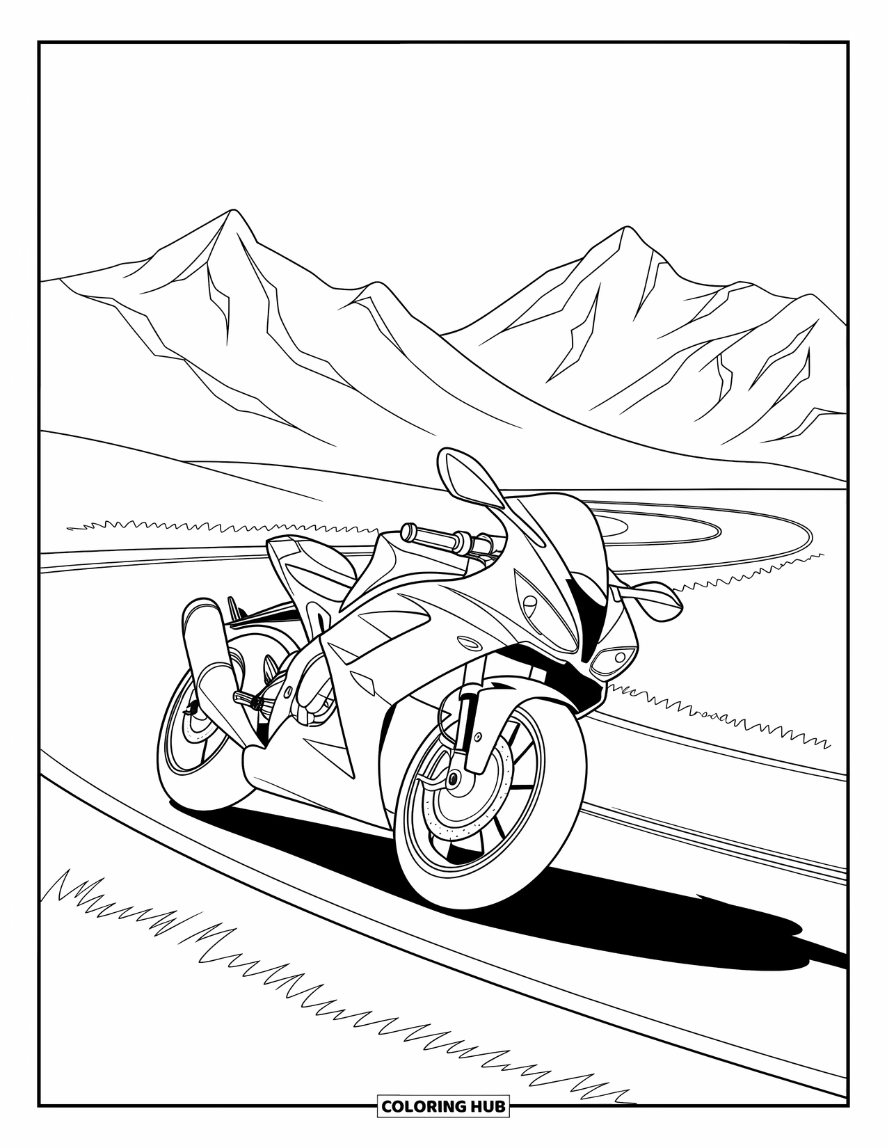 Motor Kleurplaat voor Kinderen: Een strakke motorfiets buigt langs de weg met bergen die in de verte oprijzen