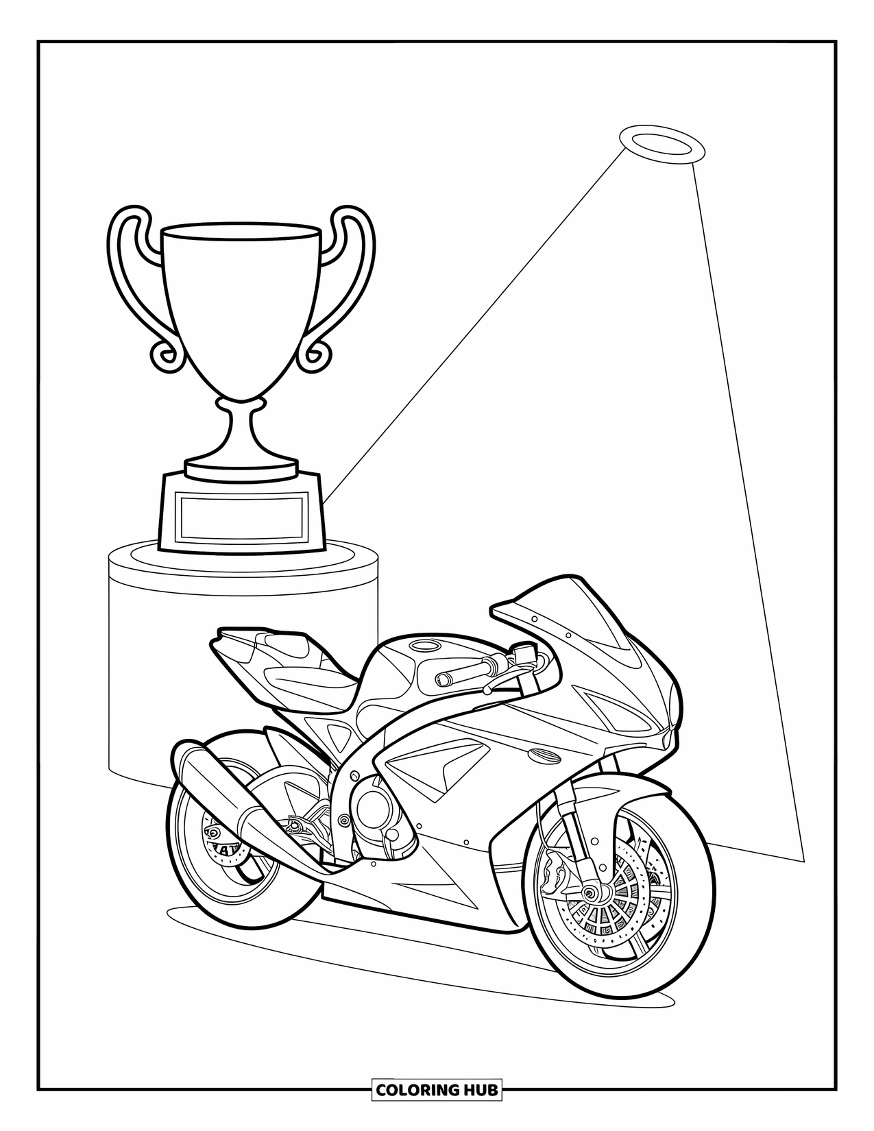Motor Kleurplaat voor Kinderen: Een strakke motorfiets staat in de buurt van een grote trofee, klaar om de overwinning te vieren
