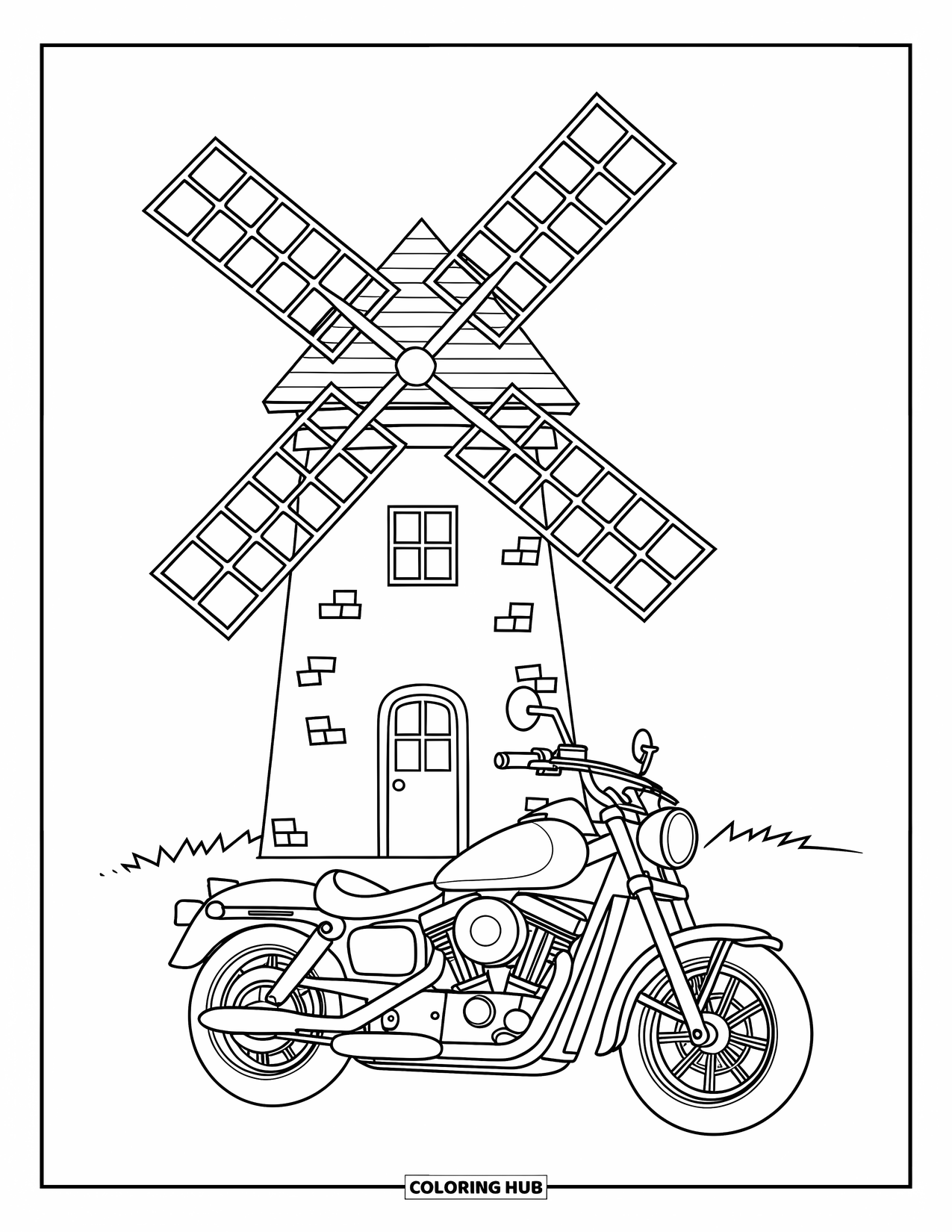 Motor Kleurplaat voor Kinderen: Een strakke motorfiets rust in de buurt van een windmolen met zachtjes draaiende bladen