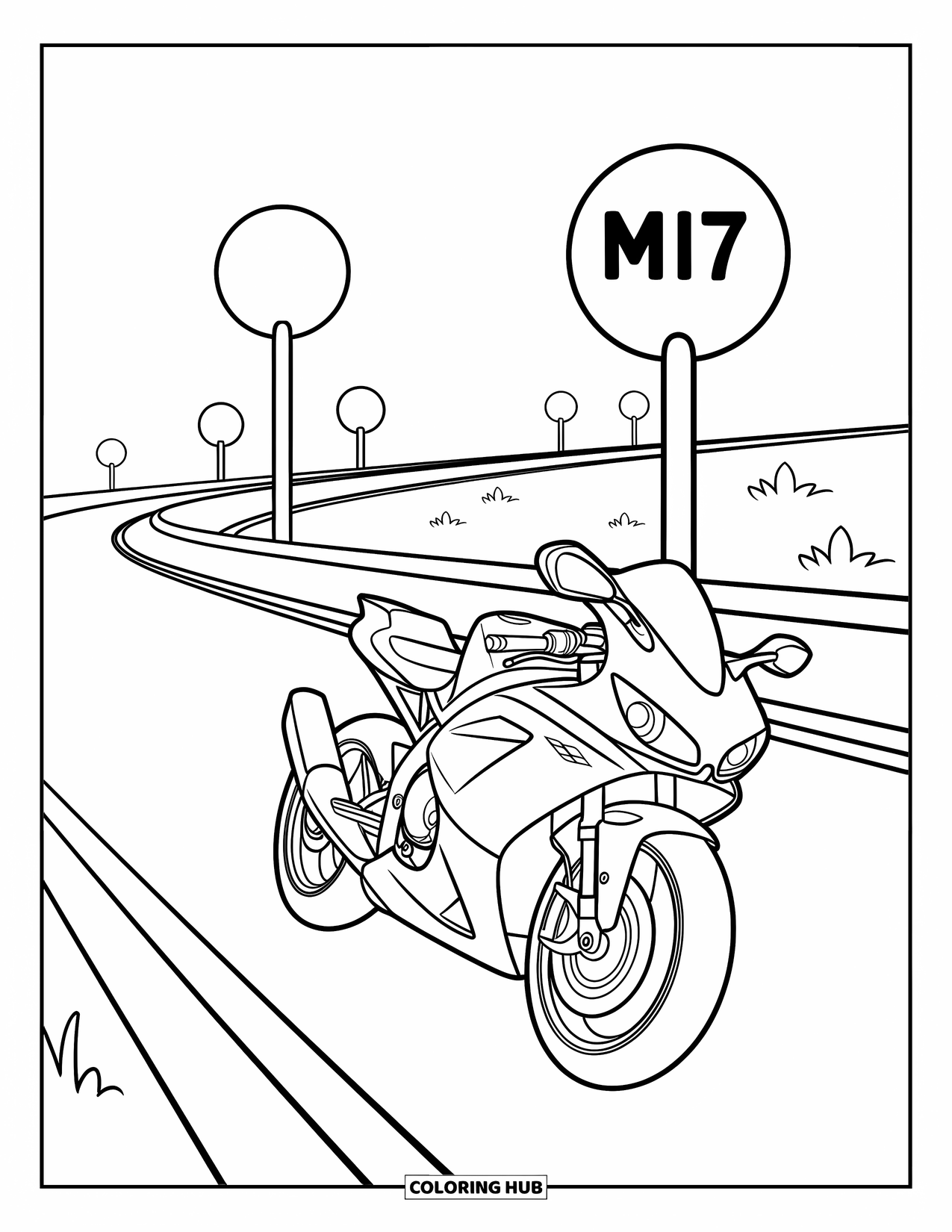 Motor Kleurplaat voor Kinderen: Een strakke motorfiets rijdt over een snelweg met mijlpalen die zich in de verte uitstrekken