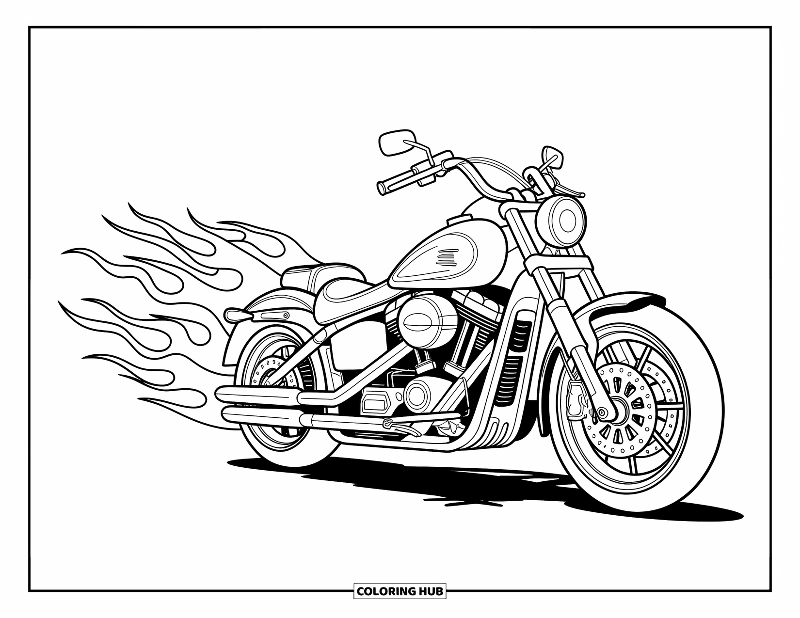 Motor Kleurplaat voor Kinderen: Een strakke motorfiets met dynamische vlammen sleept over de scène met expressieve details