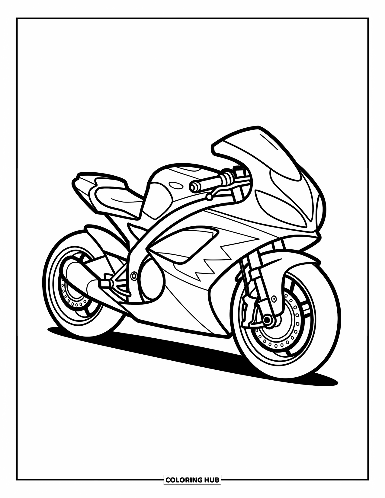 Motor Kleurplaat voor Kinderen: Een strakke motorfiets met speelse zigzaglijnen staat klaar voor voorschools plezier