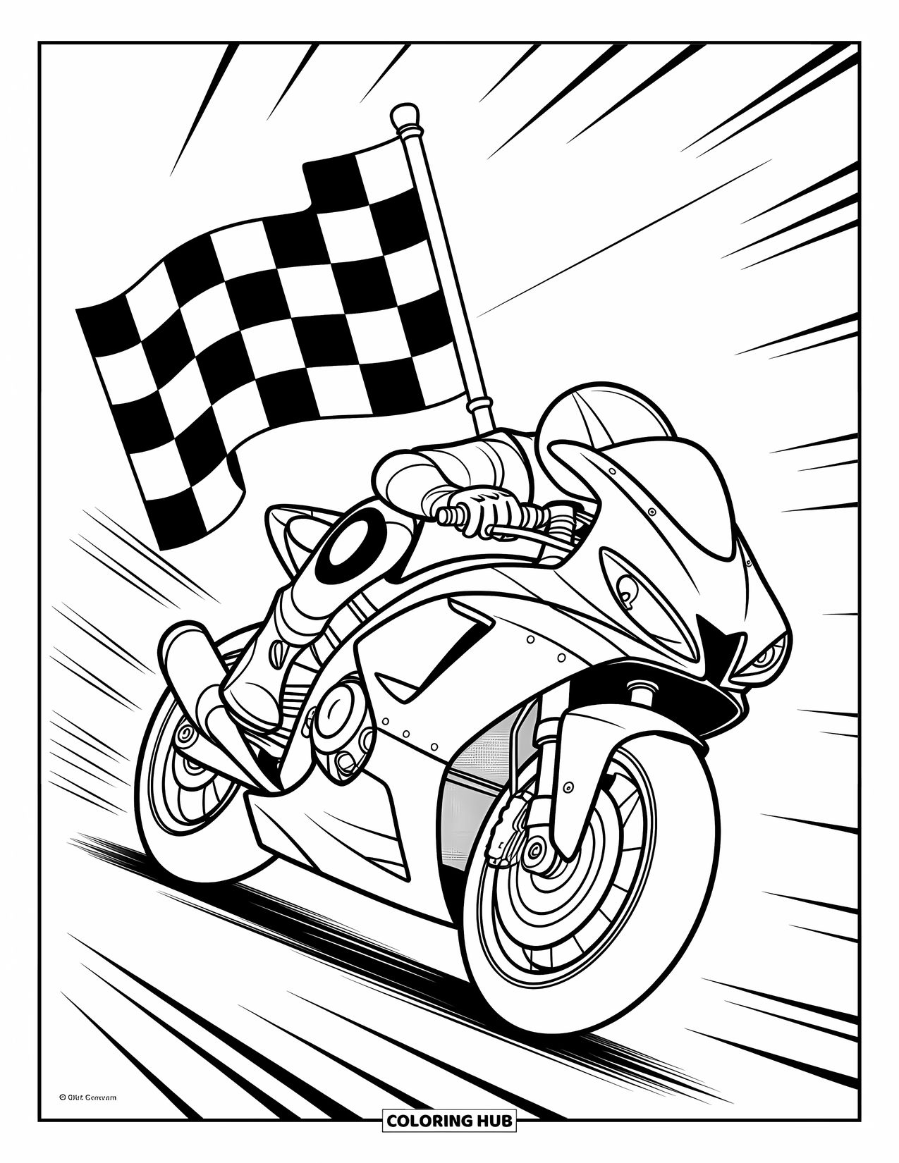 Motor Kleurplaat voor Kinderen: Een strakke motorfiets zoeft vooruit met bewegingslijnen en een overwinningsvlag erachter
