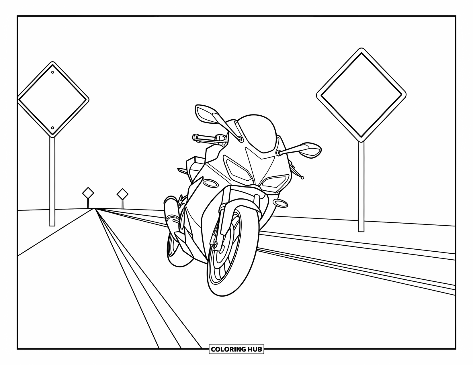 Motor Kleurplaat voor Kinderen: Een strakke motorfiets zoeft over een rechte snelweg met verkeersborden langs de weg
