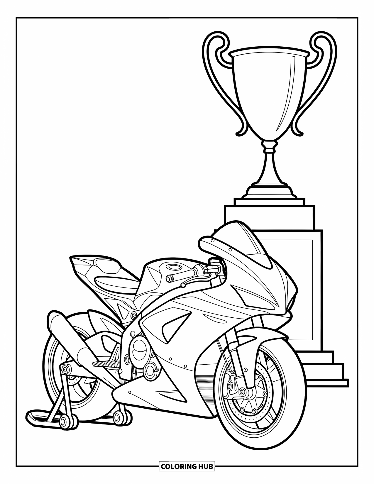 Motor Kleurplaat voor Kinderen: Een sportmotor glimt naast een trofee, die opwinding en prestatie vastlegt