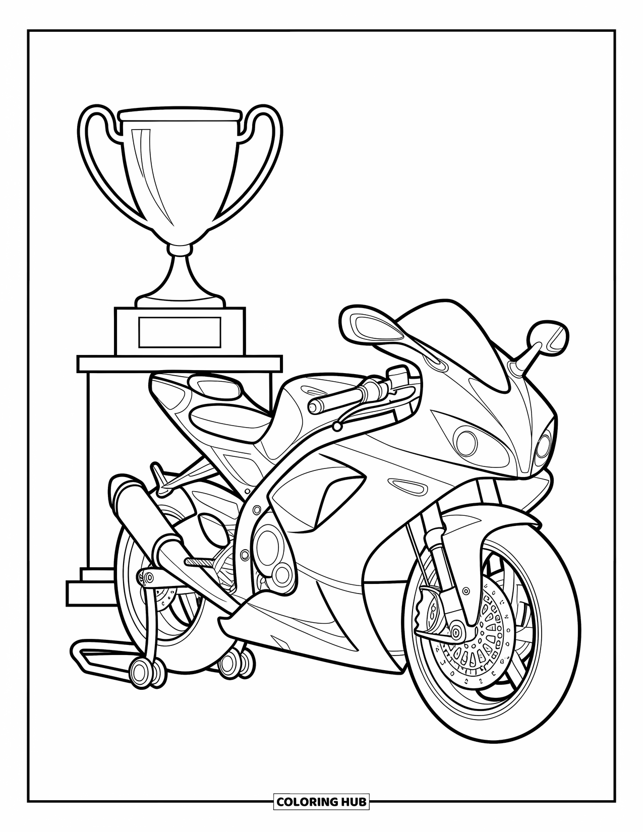Motor Kleurplaat voor Kinderen: Een sportmotorfiets staat naast een grote trofee op een voetstuk