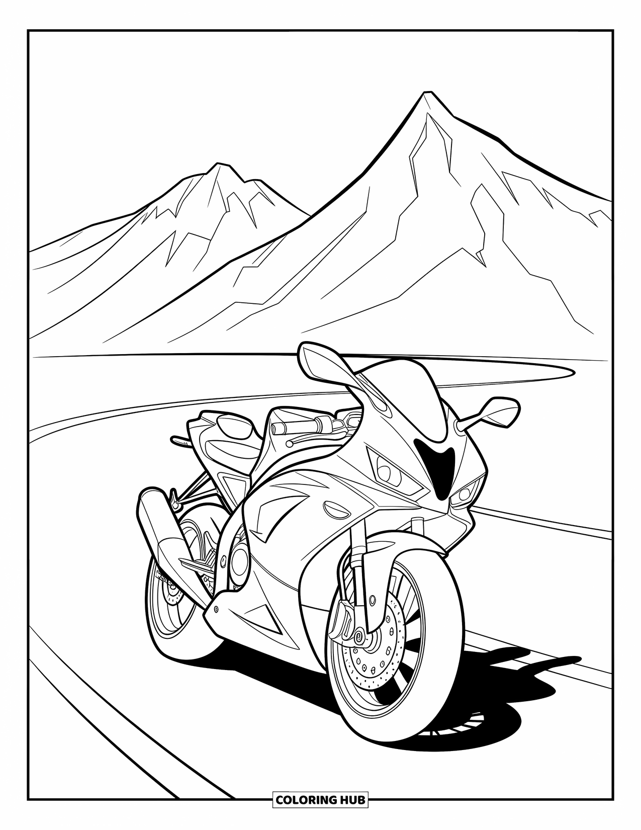 Motor Kleurplaat voor Kinderen: Een sportieve motorfiets rijdt over een bochtige weg met bergen die de wolken raken
