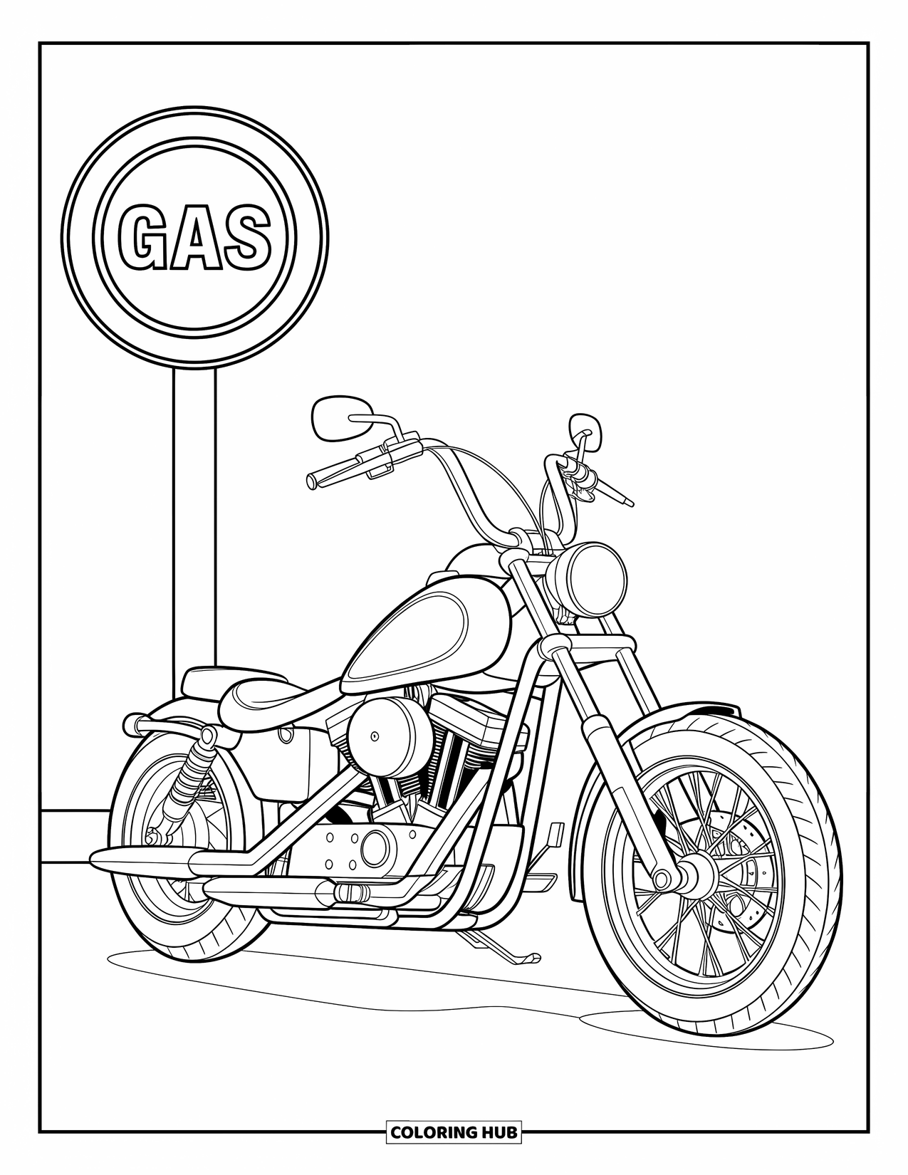 Motor Kleurplaat voor Kinderen: Een stevige chopper motorfiets staat naast een vrolijk tankstationsbord