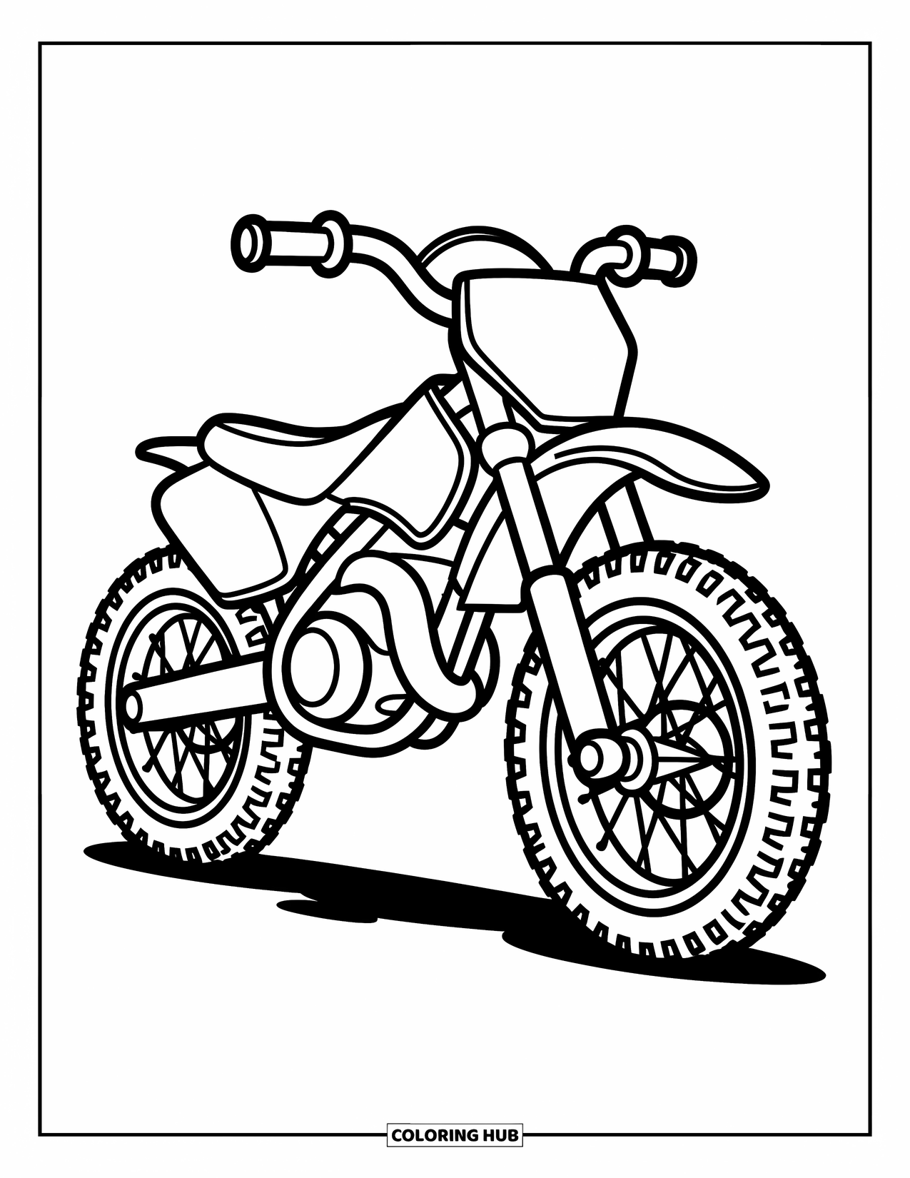 Motor Kleurplaat voor Kinderen: In een zwart-wit illustratiestijl met strakke, gedurfde lijnen staat een eenvoudige crossmotor met grote banden prominent op een witte achtergrond