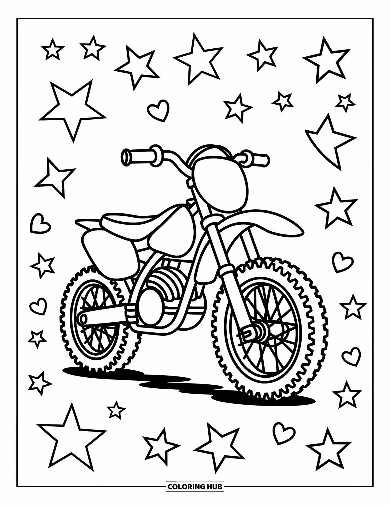 Motor Kleurplaat voor Kinderen: In een illustratiestijl valt een eenvoudige crossmotor met grote banden op een witte achtergrond op, omringd door grillige, handgetekende elementen die een speelse scène creëren