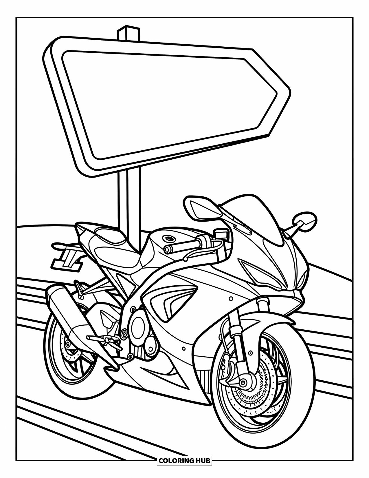 Motor Kleurplaat voor Kinderen: In een illustratiestijl met strakke, gedurfde lijnen staat een strakke motorfiets geparkeerd op een weg, de lijnen zijn helder en uitnodigend tegen een witte achtergrond