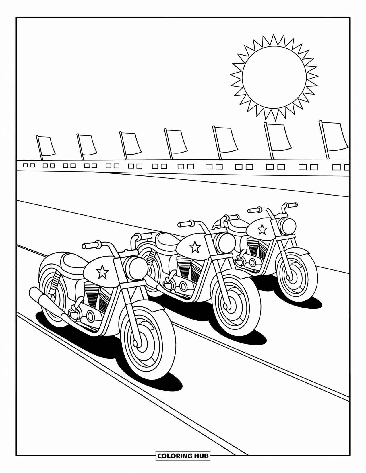 Motor Kleurplaat voor Kinderen: Drie motorfietsen staan opgesteld aan het begin van een racebaan met geblokte vlaggen in de buurt