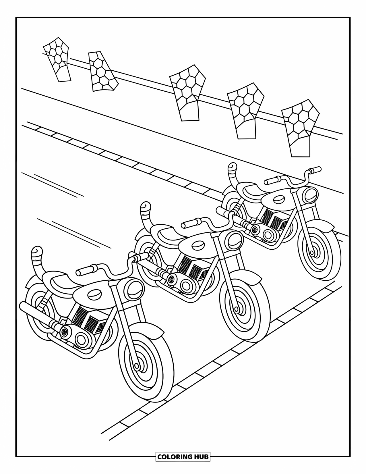 Motor Kleurplaat voor Kinderen: Drie speelse motorfietsen wachten aan de startlijn met juichende toeschouwers eromheen