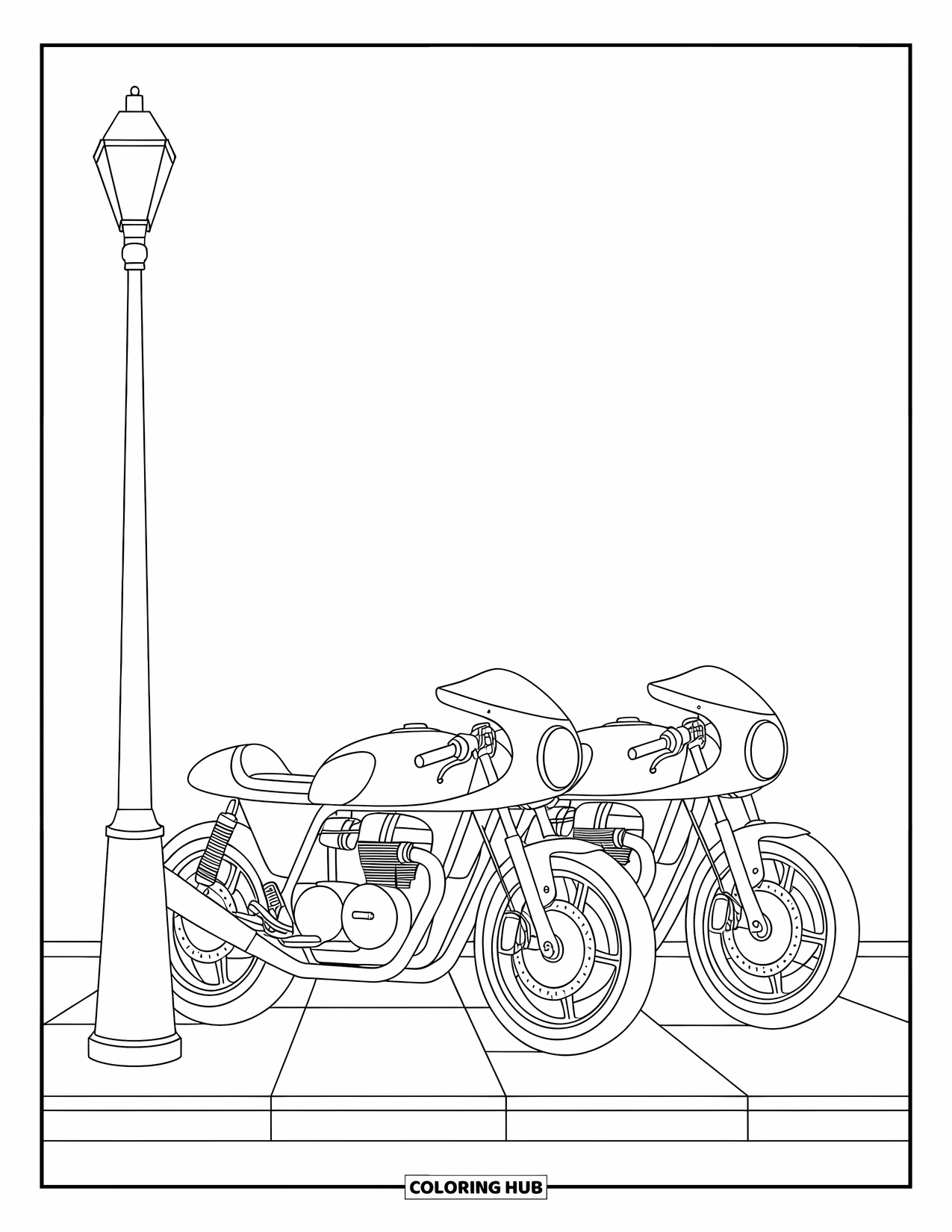 Motor Kleurplaat voor Kinderen: Twee cafe racer motoren netjes geparkeerd bij een lantaarnpaal