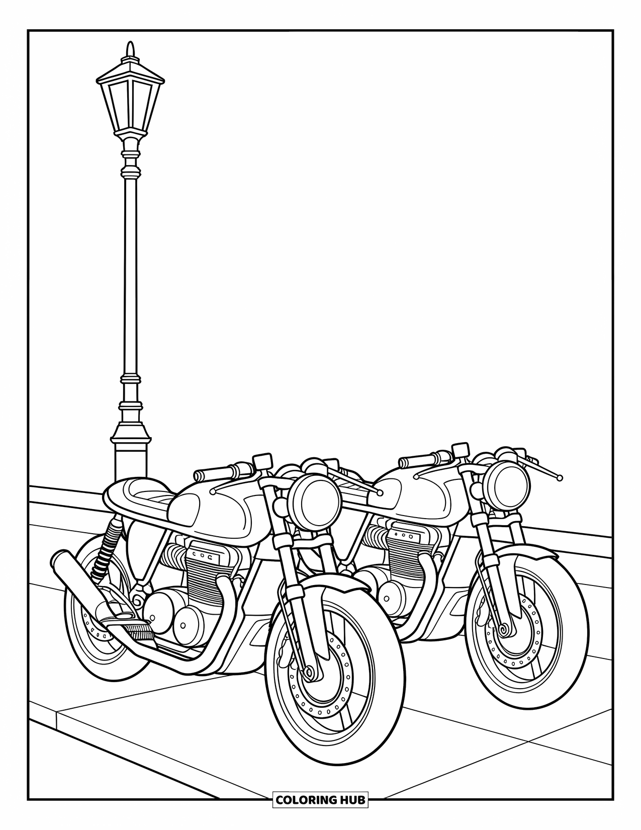 Motor Kleurplaat voor Kinderen: Twee cafe racer motorfietsen geparkeerd naast een gezellige lantaarnpaal