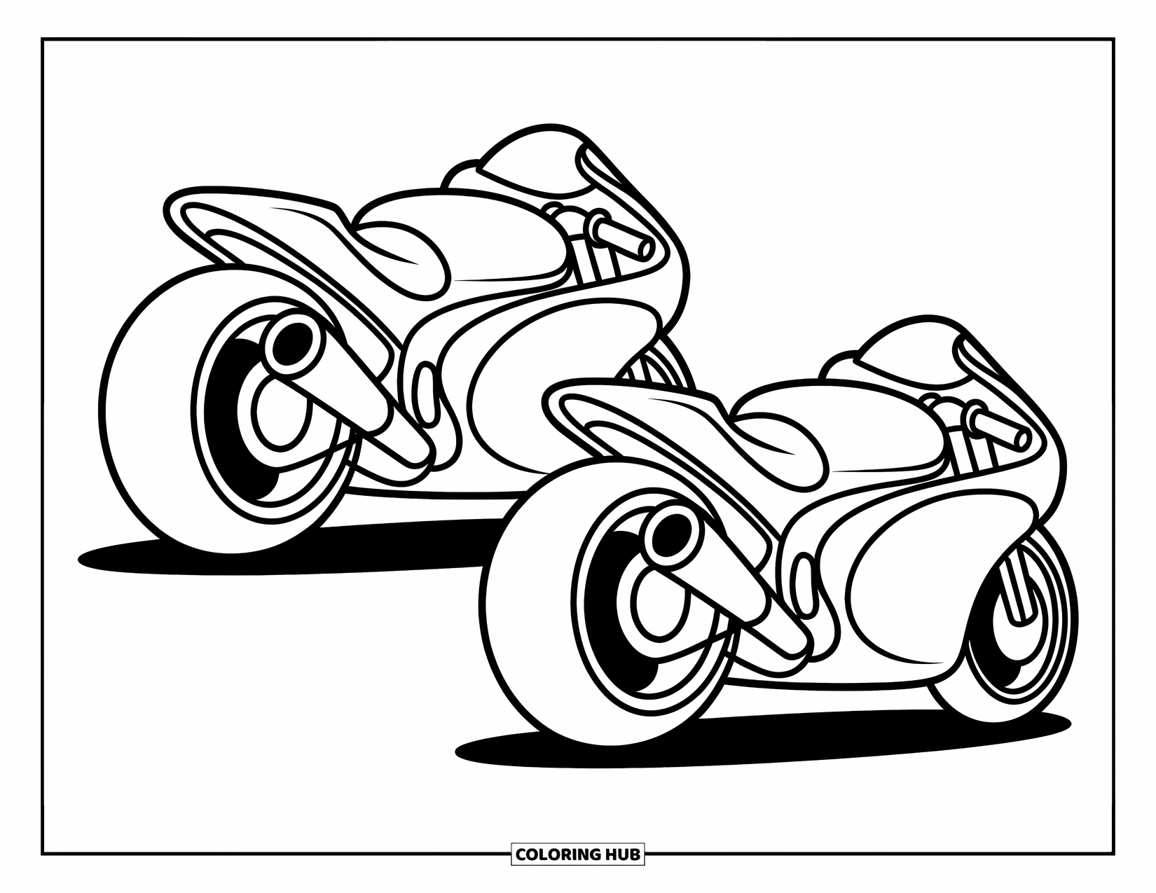 Motor Kleurplaat voor Kinderen: Twee vrolijke racemotoren met grote rondingen en eenvoudige ontwerpen staan klaar om te rijden
