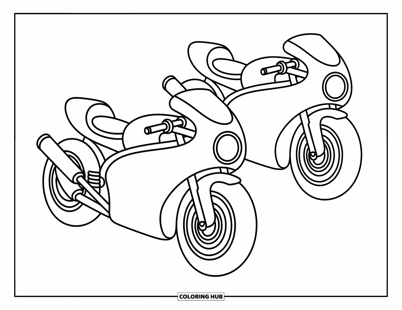 Motor Kleurplaat voor Kinderen: Twee racemotoren met leuke vormen en grote sturen nodigen uit tot speelse verbeelding
