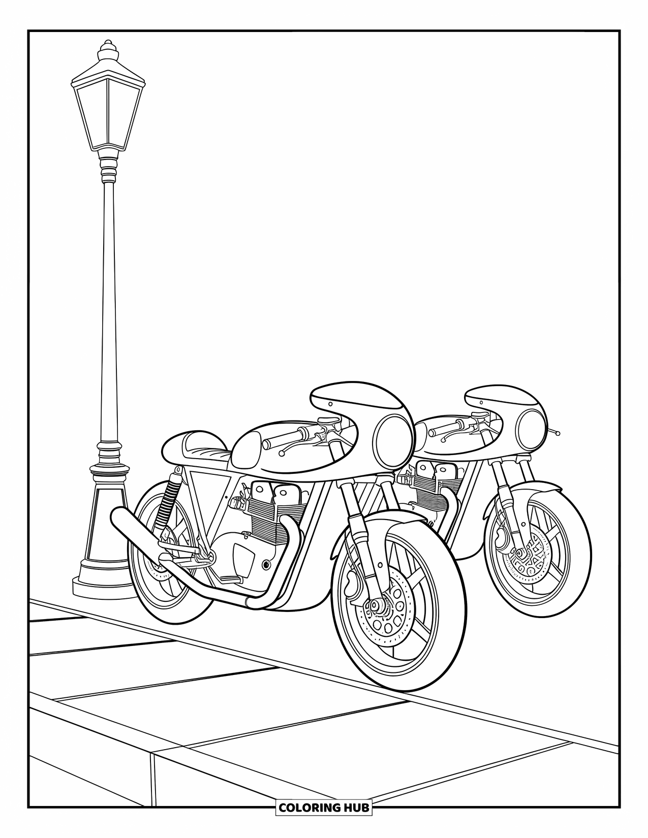 Motor Kleurplaat voor Kinderen: Twee stijlvolle cafe racers met helmen die aan het stuur hangen