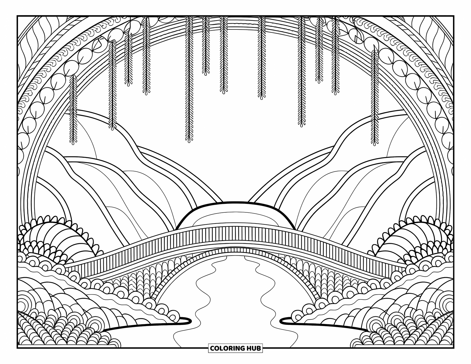 Berg Kleurplaat voor Volwassenen: Een brug over een rivier tussen bergen met hangende wijnranken