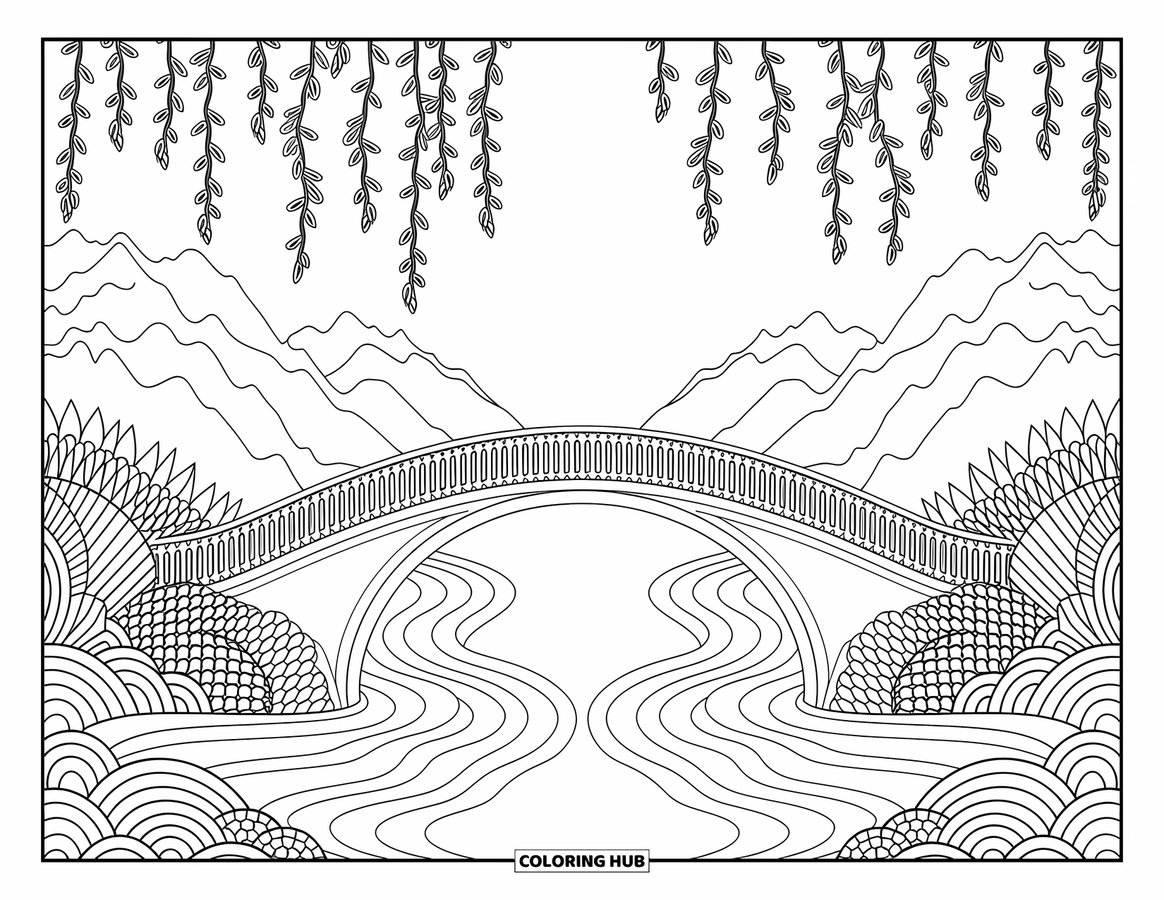 Berg Kleurplaat voor Volwassenen: Een brug met wijnranken die een rivier tussen bergen overspant
