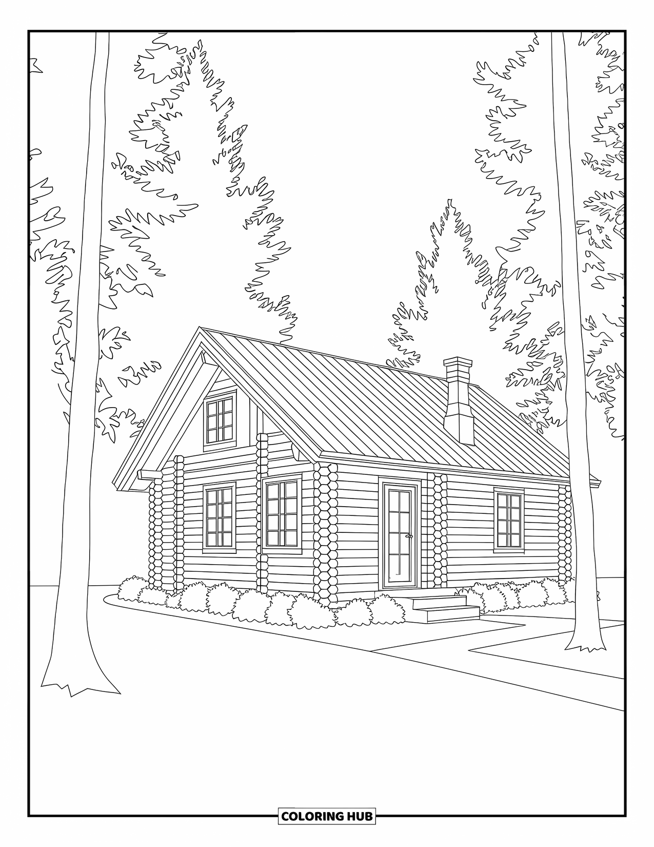 Berg Kleurplaat voor Volwassenen: Een hut met ingewikkelde houtpatronen en bomen op de achtergrond