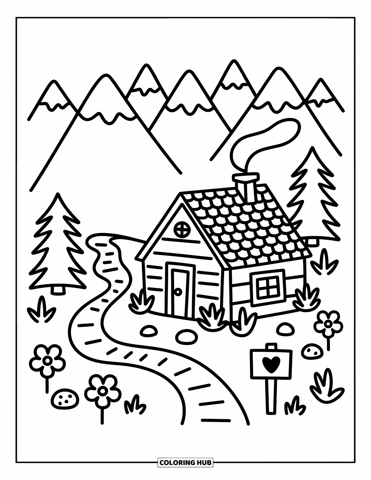 Berg Kleurplaat voor Volwassenen: Een gezellige hut bij de bergen met een kronkelend pad en vrolijke bomen