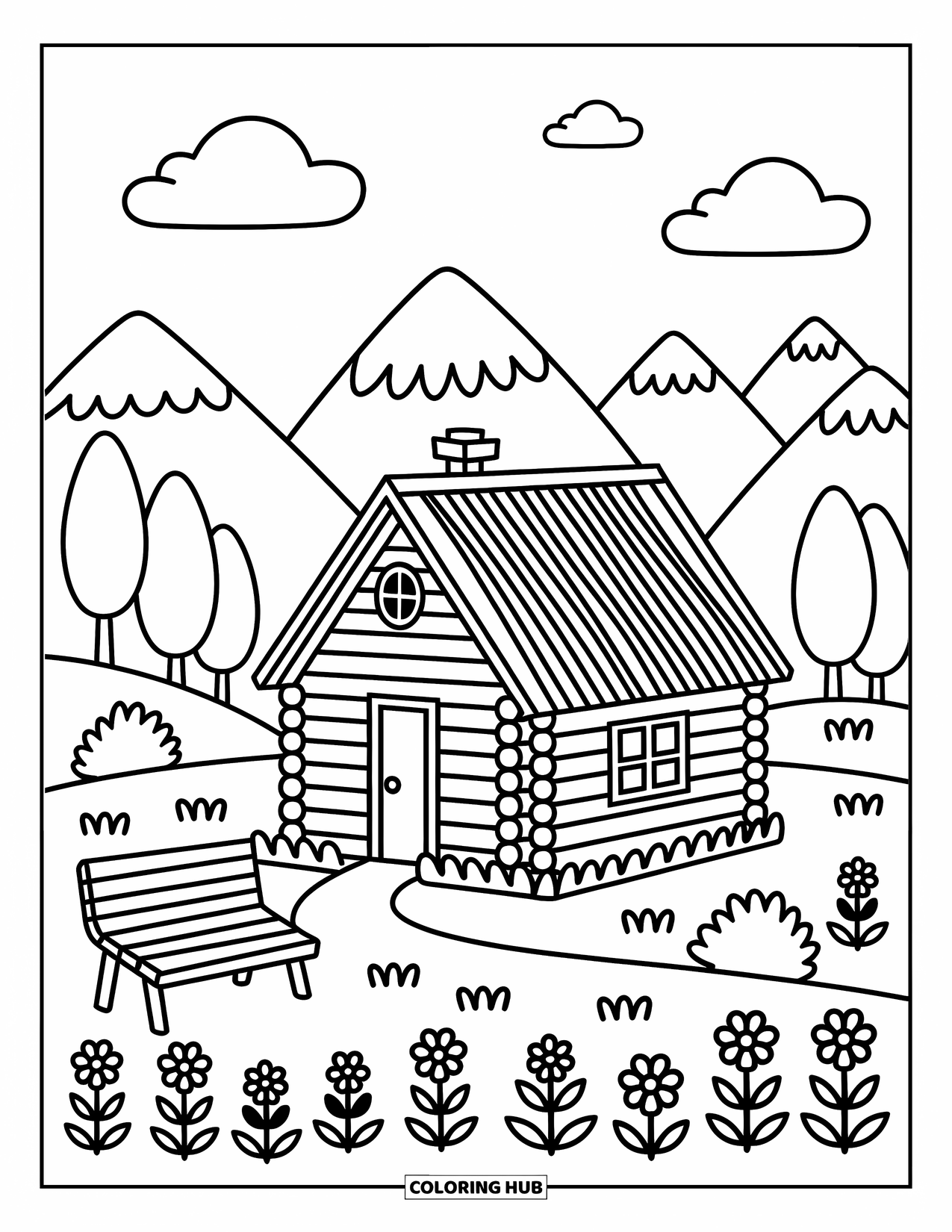 Berg Kleurplaat voor Volwassenen: Een gezellige hut in een weiland met bloemen, pluizige wolken en een houten bank