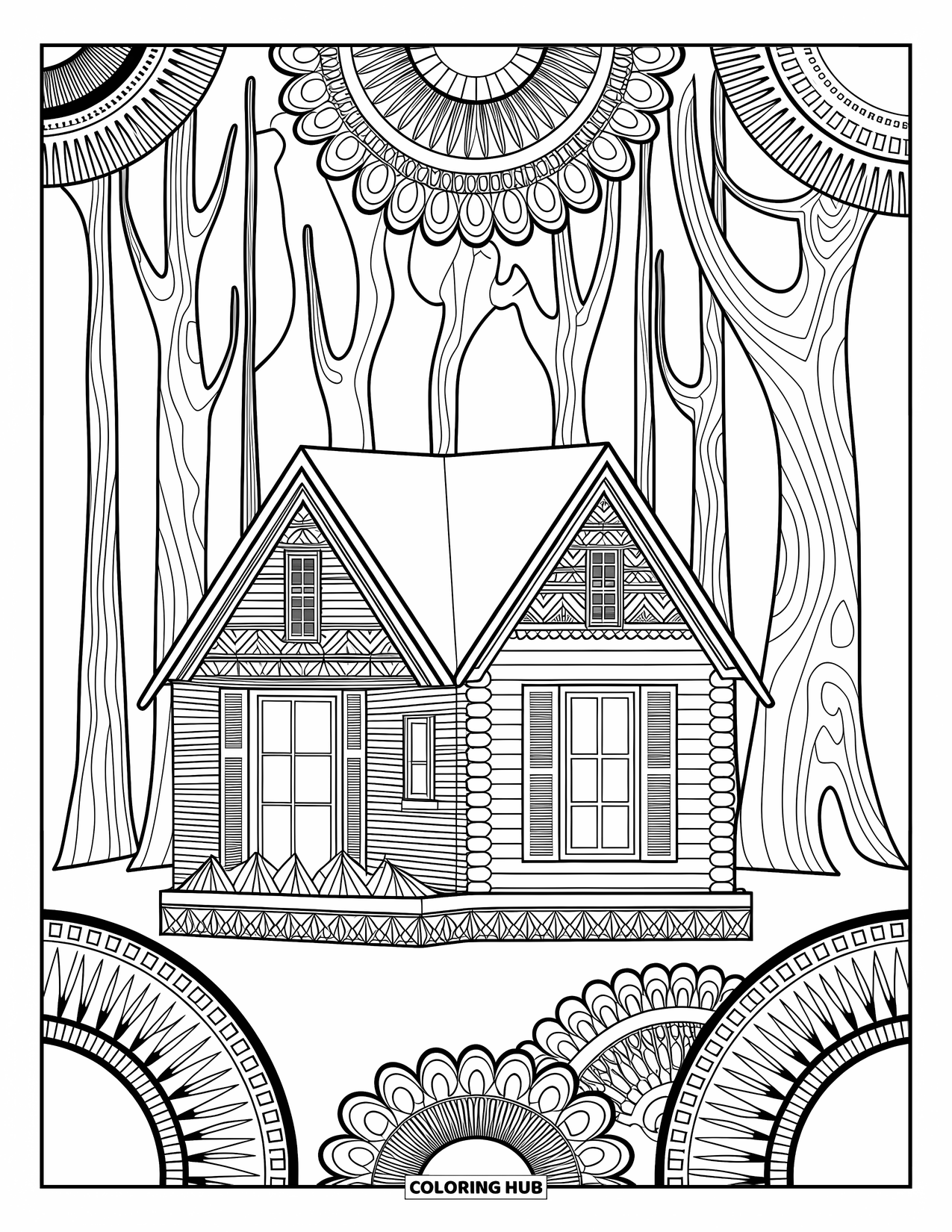 Berg kleurplaat voor volwassenen: Een gezellig hutje met gedetailleerde houten patronen, omringd door bomen