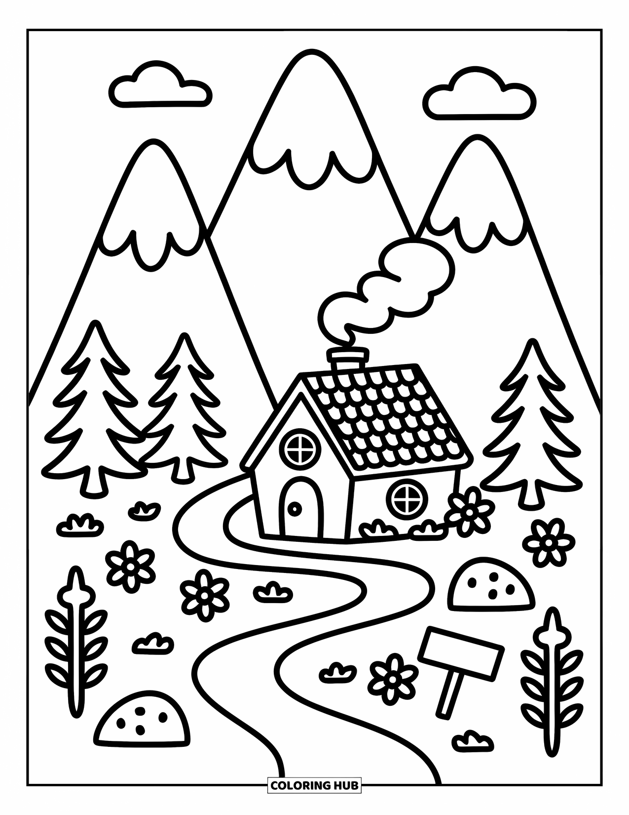 Berg Kleurplaat voor Volwassenen: Een gezellige hut met rook uit de schoorsteen, eenvoudige bloemen en een kronkelend pad