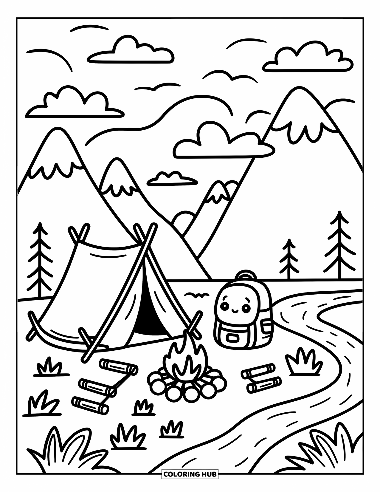 Berg Kleurplaat voor Volwassenen: Een gezellige camping met een tent, kampvuur en marshmallows bij een kronkelende rivier