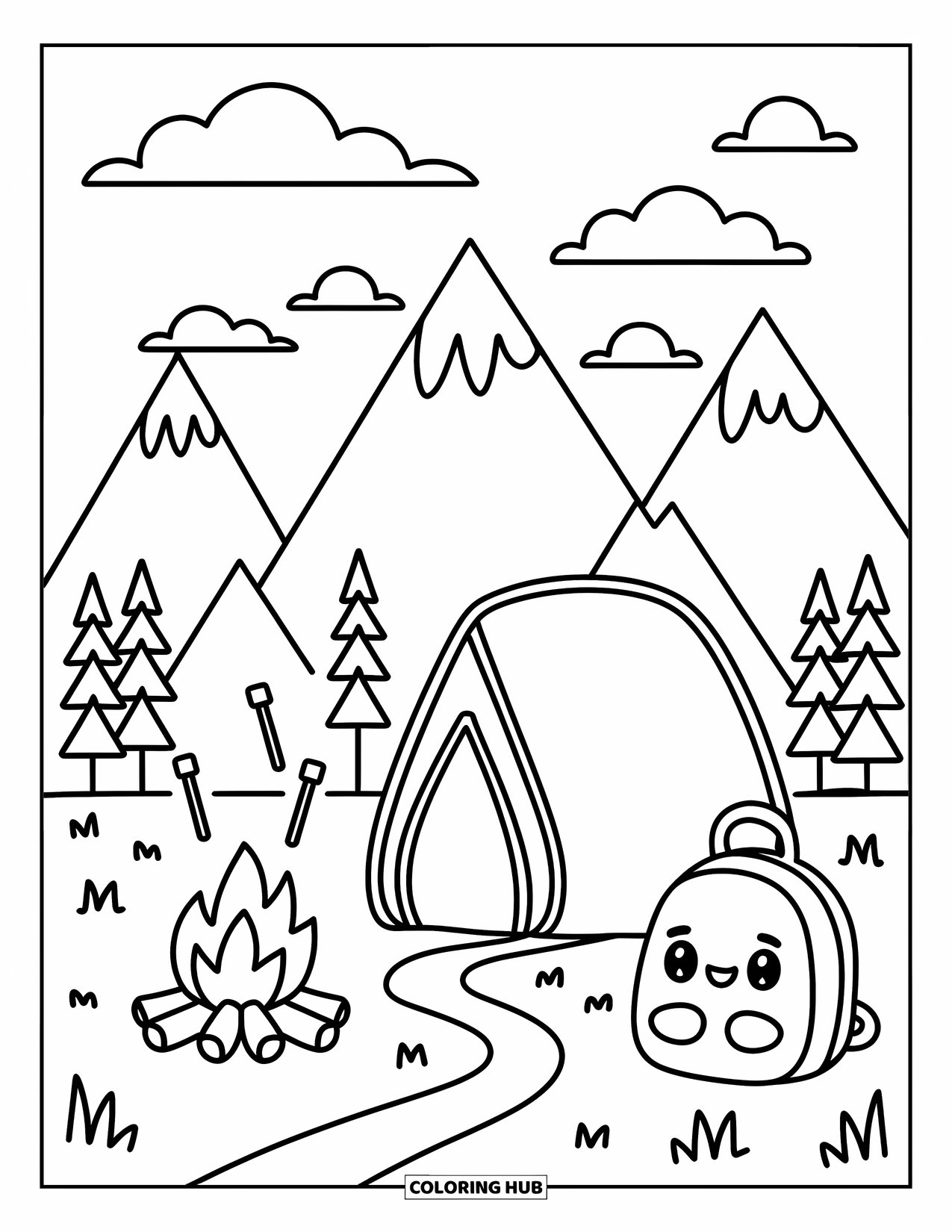 Berg Kleurplaat voor Volwassenen: Een gezellige camping met marshmallows bij het vuur, een tent en een zacht kabbelende rivier