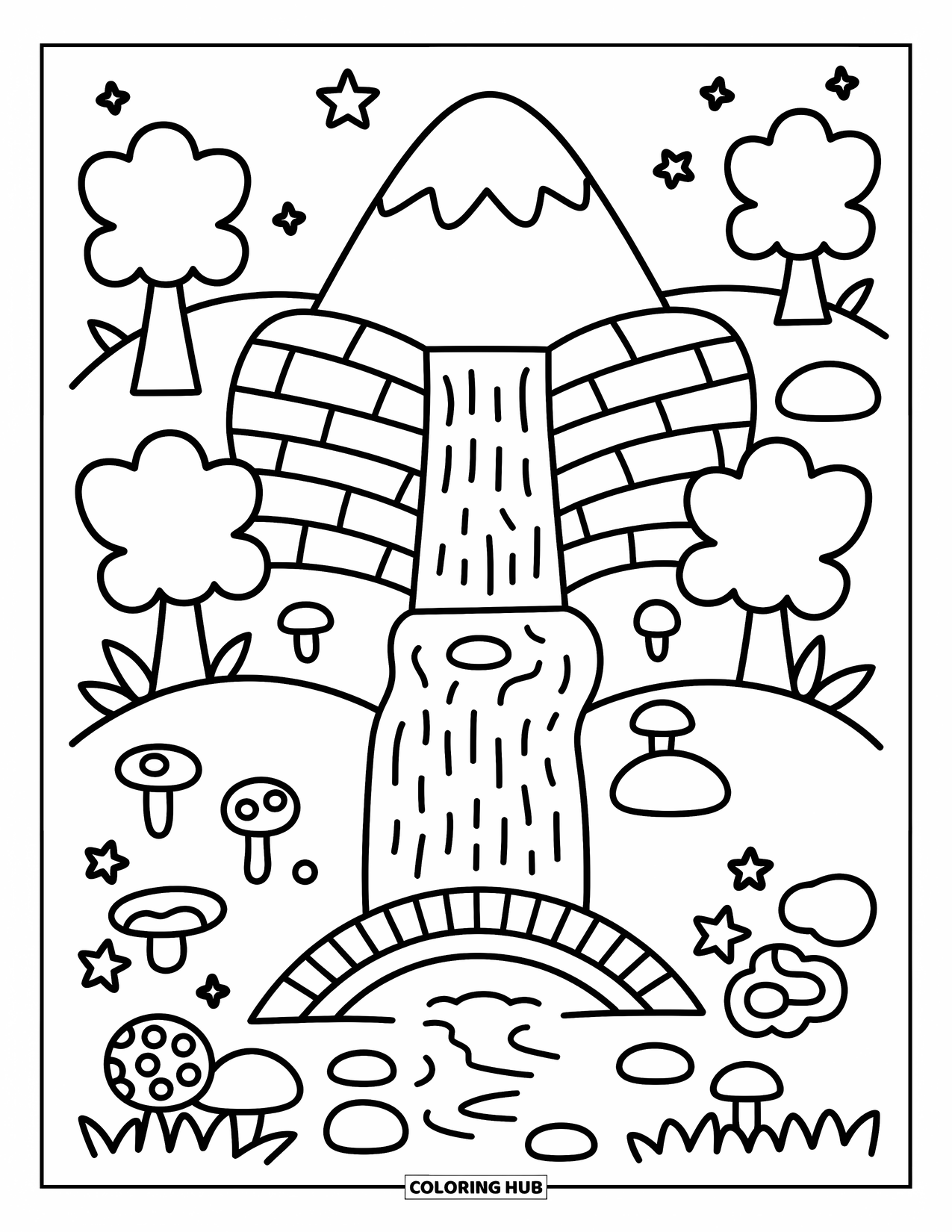 Berg Kleurplaat voor Volwassenen: Een gezellig meer bij een berg met een waterval, paddenstoelen en een klein bruggetje