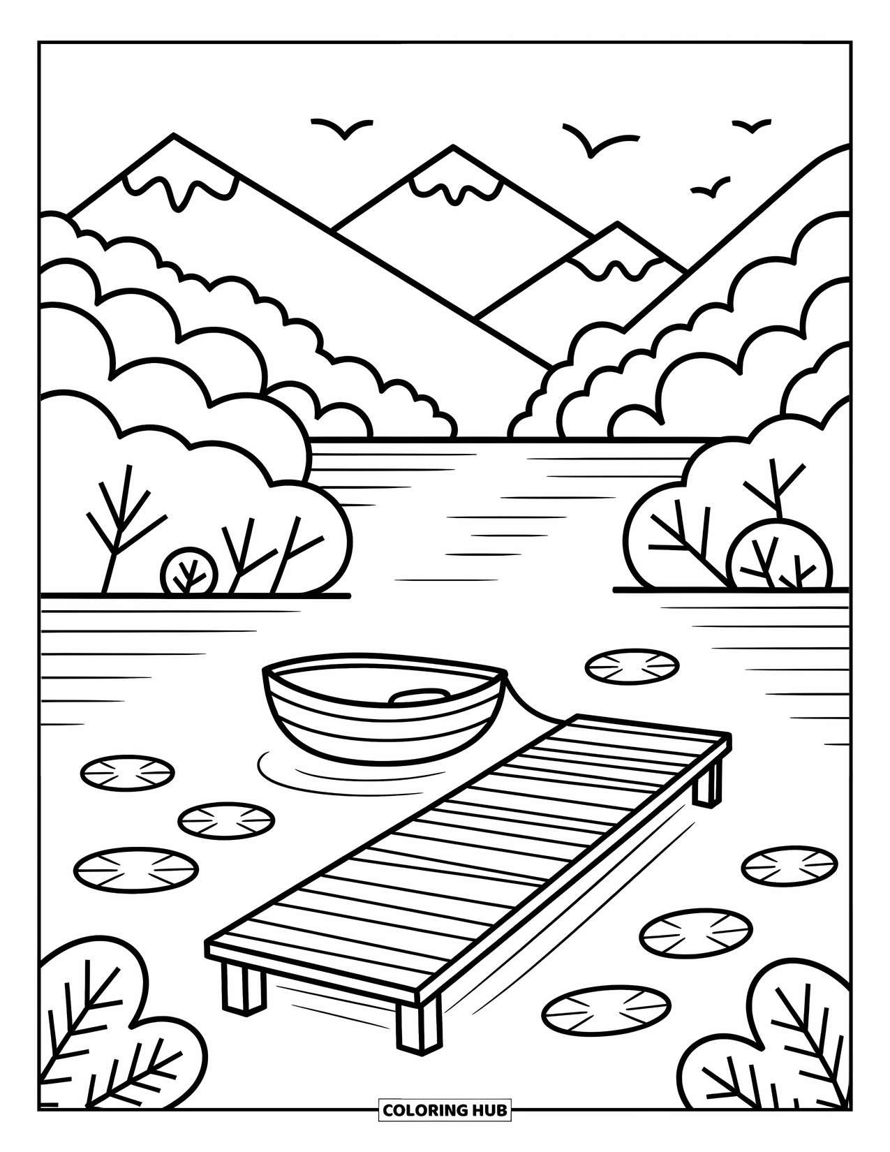 Berg Kleurplaat voor Volwassenen: Een gezellig meerlandschap met een klein dok en een schattig bootje