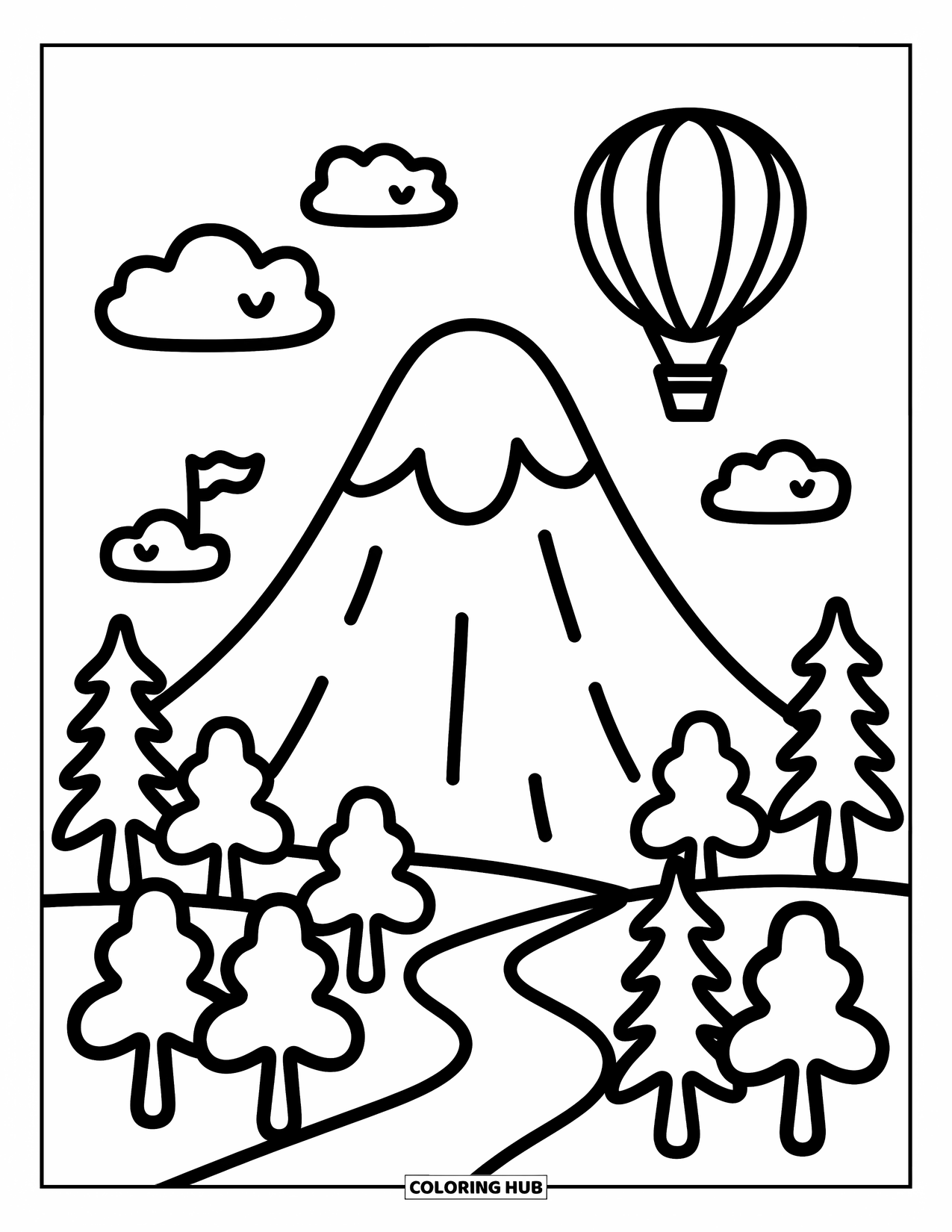 Berg Kleurplaat voor Volwassenen: Een gezellig berglandschap met een luchtballon, pluizige wolken en vrolijke bomen