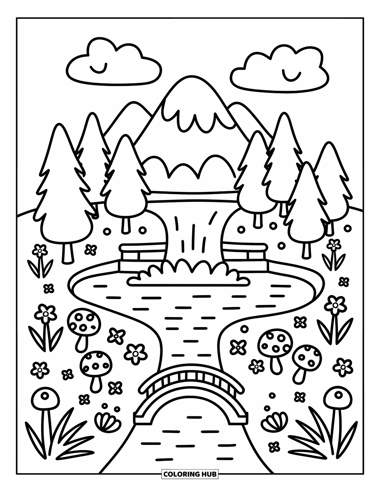 Berg Kleurplaat voor Volwassenen: Een gezellig berglandschap met een waterval, een klein bruggetje en vrolijke bomen