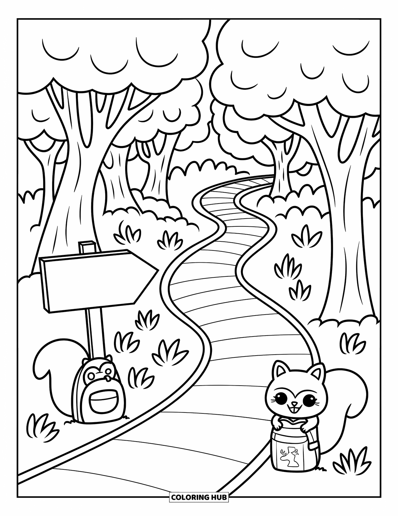 Berg Kleurplaat voor Volwassenen: Een gezellig pad met een eekhoorn, een houten bord en schattige boomstammen