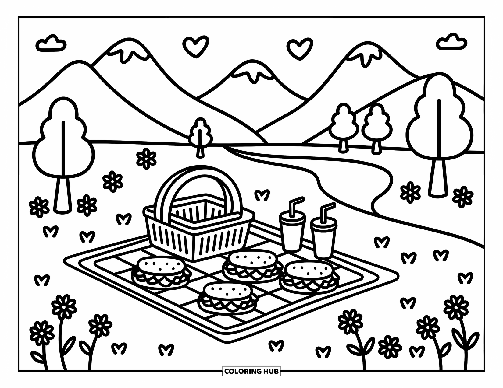 Berg Kleurplaat voor Volwassenen: Een gezellige picknickplaats bij een rivier met sandwiches, sapbekers en vrolijke bomen